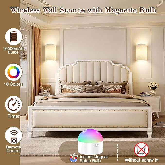 Battery Operated Wall Sconce Set of Two: 10000mAh Wireless Wall Light with Rechargeable Magnetic Bulb - Dimmable Wall Lamp with 7 RGB Colors - Linen Shade Sconces with Remote for Bedroom Living Room