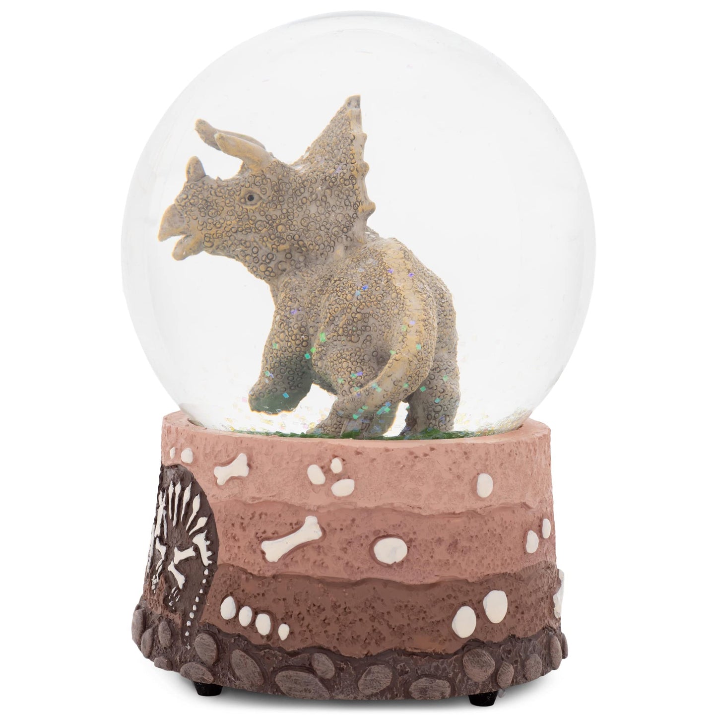 Elanze Designs Triceratops Fossils Brown Paleontologist Bone Dig Skeleton Science STEM Footprints Museum Animal 100MM Musical Glitter Dinosaur Snow Globe Plays Tune Born Free
