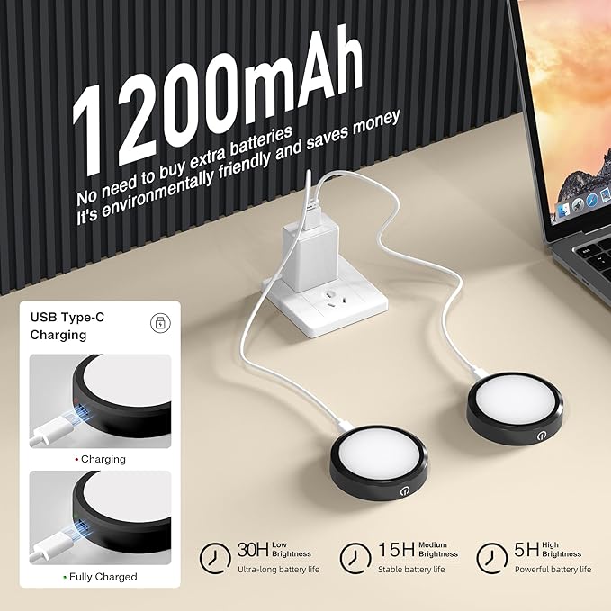 Rechargeable Puck Lights with Remote Control,LED Under Cabinet Light with Full-Screen,3 Color Temperatures Stick On Wireless, Tap for Kitchen,Cabinet,Counter,Closet,Shelf,2 Pack, Black