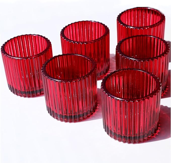 VOHO Red Votive Candle Holders for Christmas Valentines Day Decoration, Vintage Ribbed Tea Lights Candle Holder for Wedding, 6pcs Large Tealight Candle Holder for Votives Tea Lights(2.75'' x 2.56'')