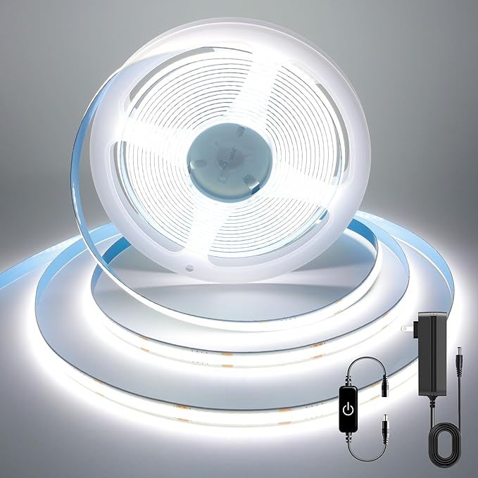 COB LED Strip, 16.4ft White LED Strip Light, Dimmable LED Light Strip 6000K Bright Daylight White, CRI92+, 8mm Width, 24V Flexible LED Tape Light for TV, Bedroom, Kitchen Cabinet, Closet, Home.