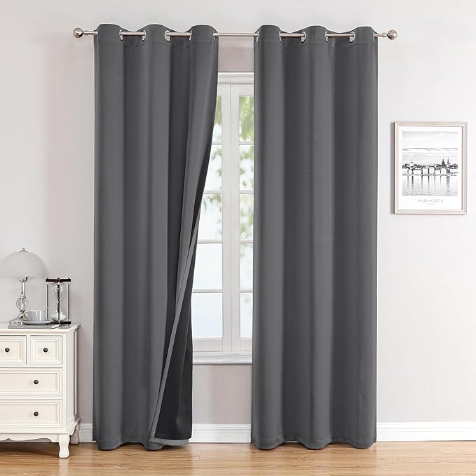 ChrisDowa 100% Blackout Curtains 84 inch Long for Bedroom with Black Liner, 2 Thick Layers Total Blackout Thermal Insulated Grommet Window Curtains 2 Panels Set (Grey, 38 x 84 Inch)
