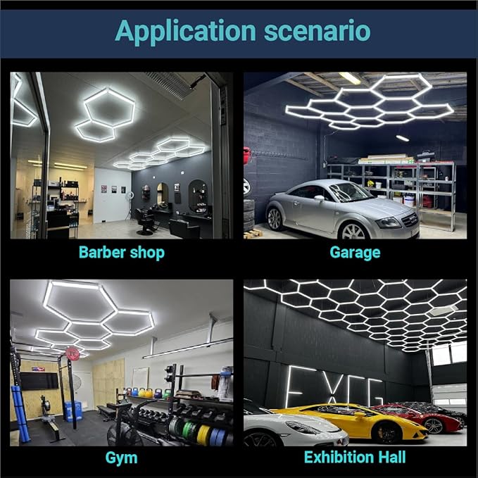 Dimmable Hexagon LED Garage Lights: Upgraded 3 Level Dimmable 35 Pack 8 Honeycomb Garage Lights Celling 6500K for Basement Warehouse Auto Beauty Shop Car Detailing Shop etc. (Dimmer 8 hexagon)