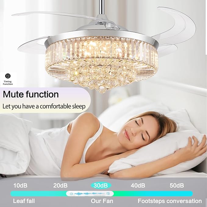 52” Bluetooth Ceiling Fan with Light and Speaker,RGB Retractable Blades Crystal Fandelier Music Player LED Chandelier 6-Speed APP Control Timer Remote for Bedroom Silver