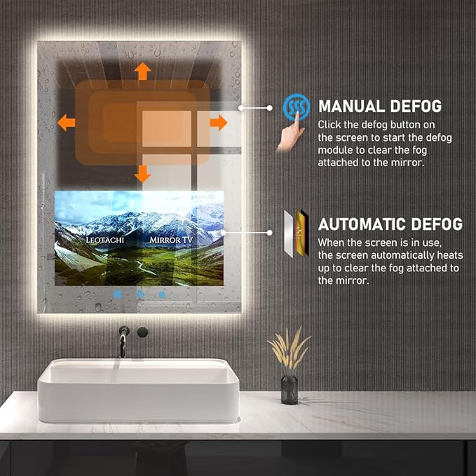32"x24" Smart Waterproof Anti-Fog Vanity Mirror with Built-in 21.5" Touch Display, Android OS, Adjustable 3-Color LED, Bluetooth/WiFi/HDMI, Streaming Apps for Bathroom & Bedroom