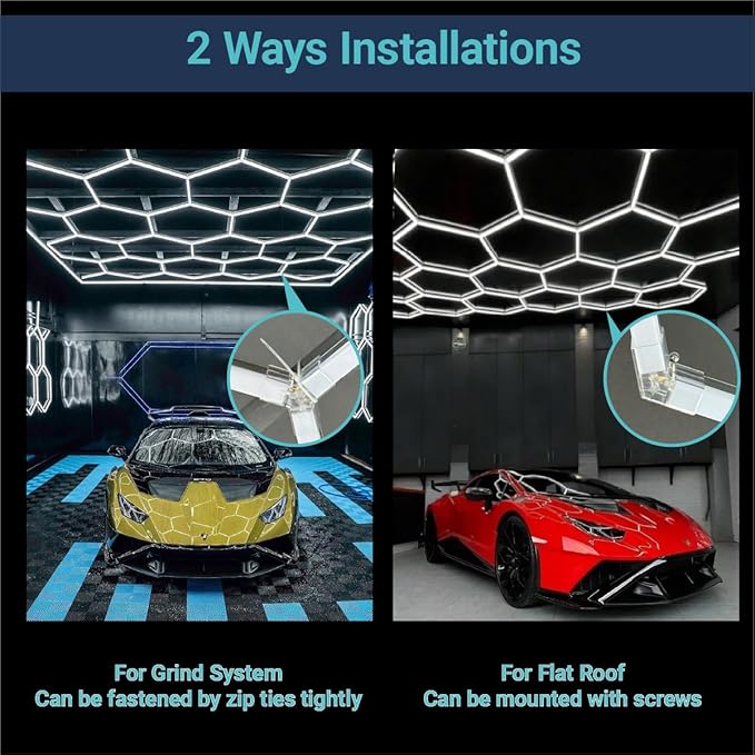 Hexagon Garage Lights Dimmable: Upgraded 3 Level Dimmable Led Hexagon Lights,57 Pack 14 Hex Ceiling Honeycomb 6500K for Garage, Gym,Basement, Warehouse, Auto Beauty Shop, Car Detailing Shop