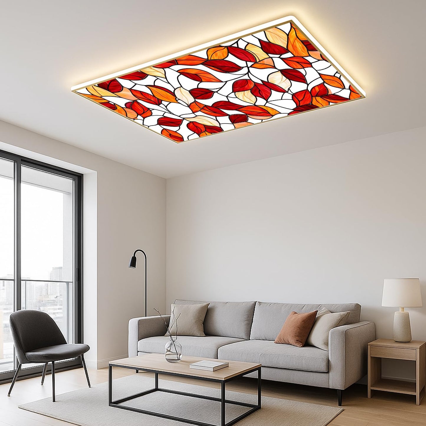 Fluorescent Light Covers for Ceiling Lights-Magnetic,2pcs,Geometric & Stained Glass Designs for Ceiling Lights 2ft x 4ft-For Classroom, Office，Home (Stained Glass Leaves, 48"L x 24""W-2pcs)"