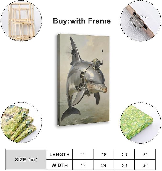Framed Steampunk Mechanical Dolphin Wall Art - Marine Retro-Futuristic Poster for Beach House Living Room Decor 08x12inch(20x30cm)