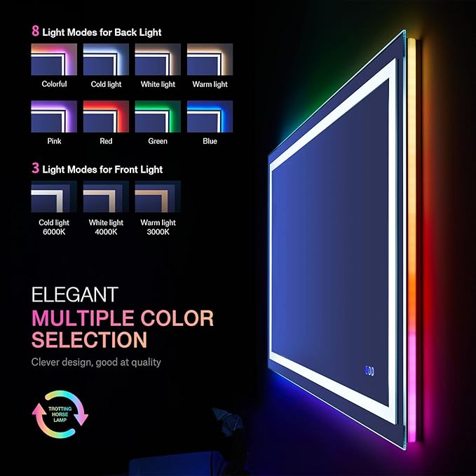 LOAAO 40"X24" LED Bathroom Mirror with Lights, Anti-Fog, Dimmable, RGB Backlit + Front Lighted, Bathroom Vanity Mirror for Wall, Memory Function, Tempered Glass (Safe to Use)