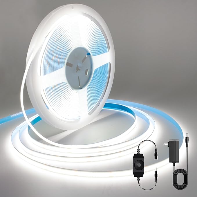 COB LED Strip, White LED Strip Lights 32.8ft, Daylight White 6000K LED Light Dimmable LED Strip, CRI92+, 8mm Width, 24V Flexible COB LED Tape Light for TV, Bedroom, Kitchen Cabinet, Closet.