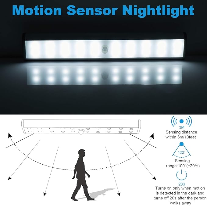 Motion Sensor Cabinet Lights,USB Rechargeable 20 LED Portable Cordless Closet Lighting,Wireless Under Counter Light Bar, Magnetic Removable Stick-On Anywhere for Wardrobe/Cupboard/Stairs (2 Pack)