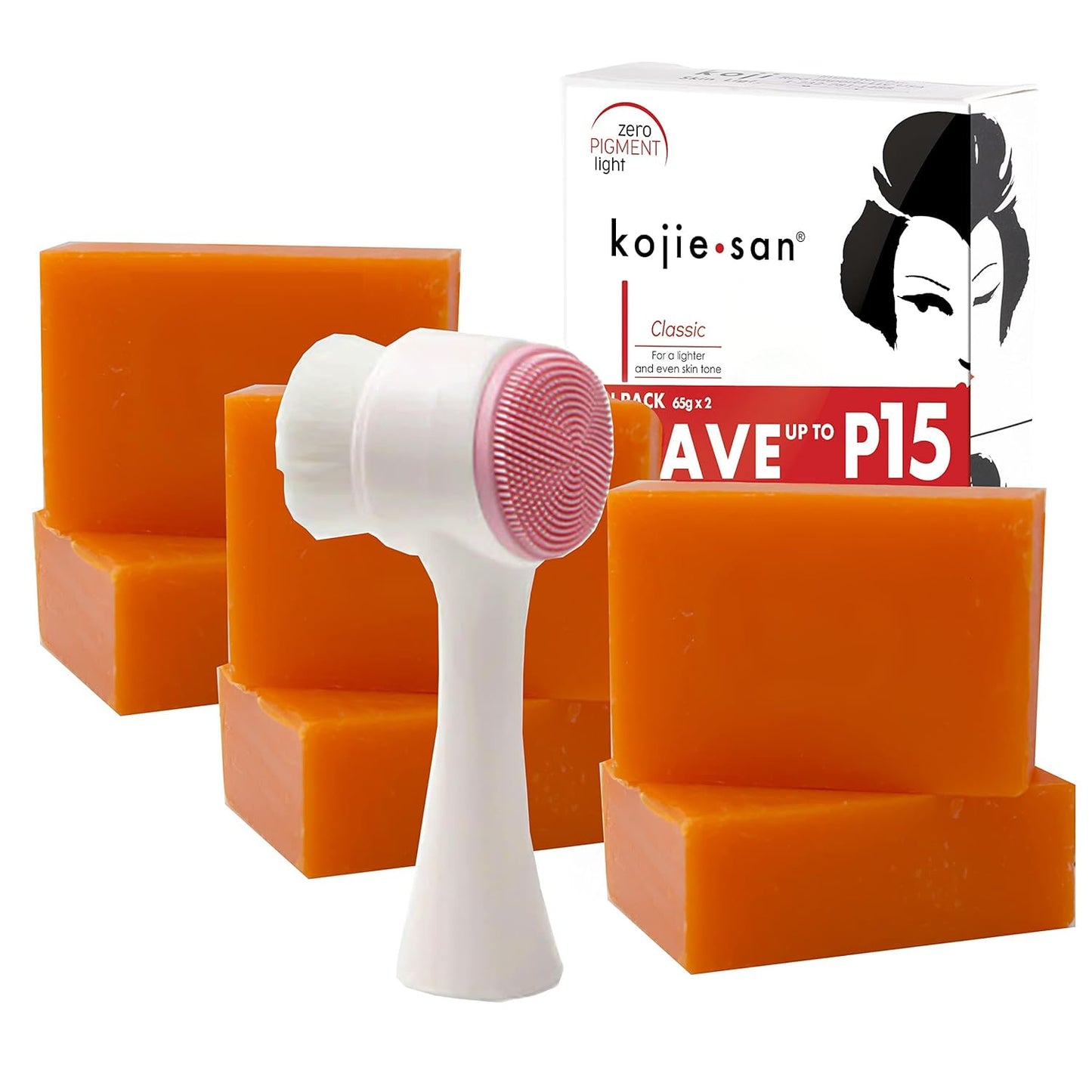 Kojie San Skin Brightening Brush Set - Original Kojic Acid Soap That Helps Reduces Dark Spots & Other Types of Skin Damage â 65g x 6 Bars and Relumins Deep Pore Facial Cleansing Brush
