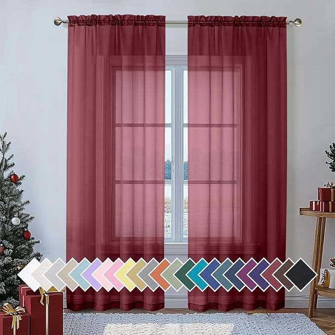 Aiyufeng 2 Piece Burgundy Sheer Curtains 84 Inch Length, Light Filtering Kitchen Curtain for Bedrrom/Living Room/Kitchen Window, Voile Top Dual Rod Pocket, 2 x 40 W x 84" L
