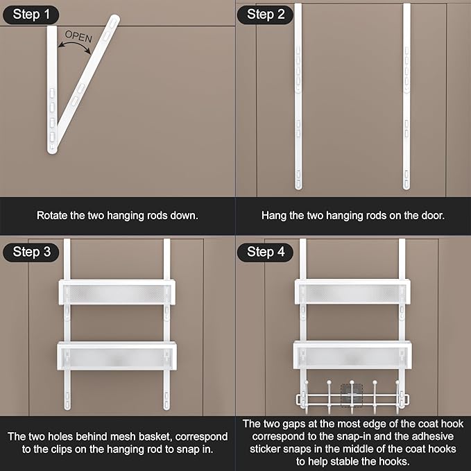 Adjustable Over The Door Hooks Organizer, Door Hanger Coat Rack with 2 Mesh Baskets and 10 Hooks, Back of Door Storage Organizer for Bedroom,Bathroom,Kitchen (White)