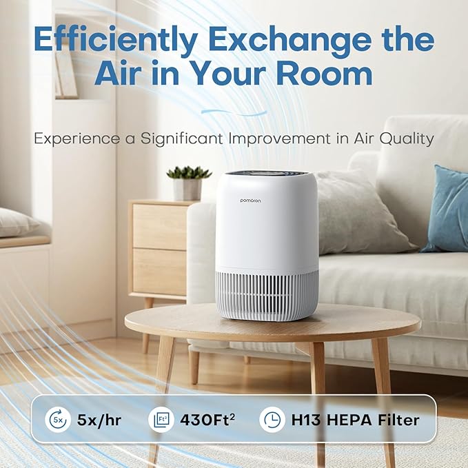 POMORON Air Purifiers for Bedroom Home, Air Filter Cleaner with Fragrance Sponge, H13 True HEPA Filter for Smoke, Allergies, Pollen, Pet Dander, Odor, Dust, Portable Air Purifier for Bedroom Office
