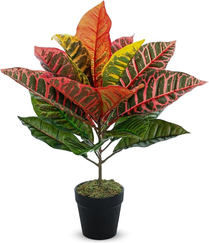 Briful 15.7" Artificial Croton Real Touch Potted Plant Artificial Indoor Decor, Fake Plants for Home Farmhouse Table Desk Decorations