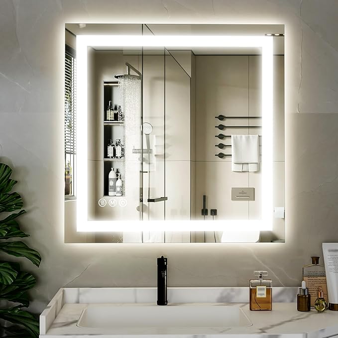 40"x 40" LED Bathroom Mirror, Backlit + Front Lit, LED Bathroom Mirror with Lights for Wall, 3 Colors, Anti-Fog, Dimmable Brightness, Tempered Glass