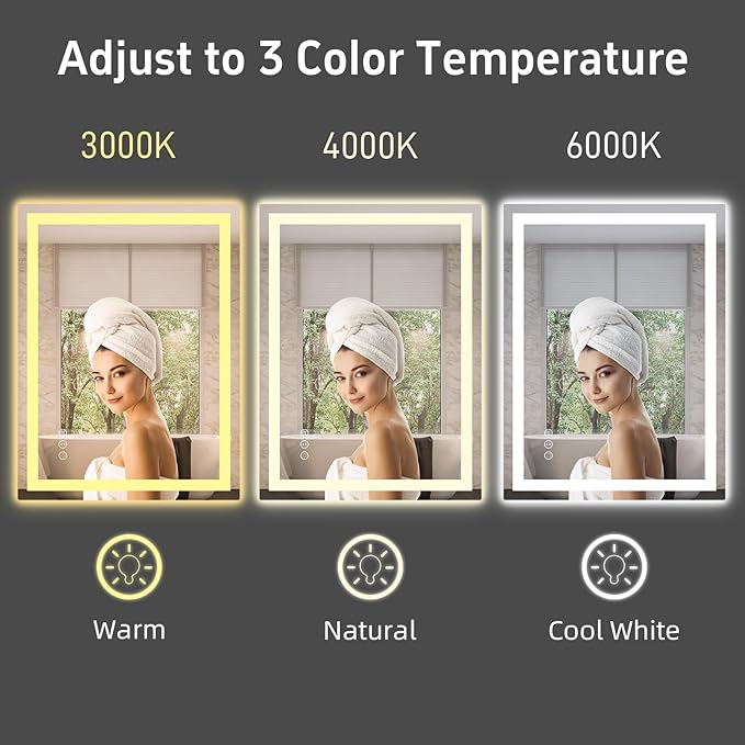 32"x 24" LED Bathroom Mirror with Lights, Dimmable, Double Lights, Backlit + Front Lit, 3 Colors Led Mirror for Bathroom, Lighted Bathroom Vanity Mirror, Tempered Glass(Horizontal/Vertical)