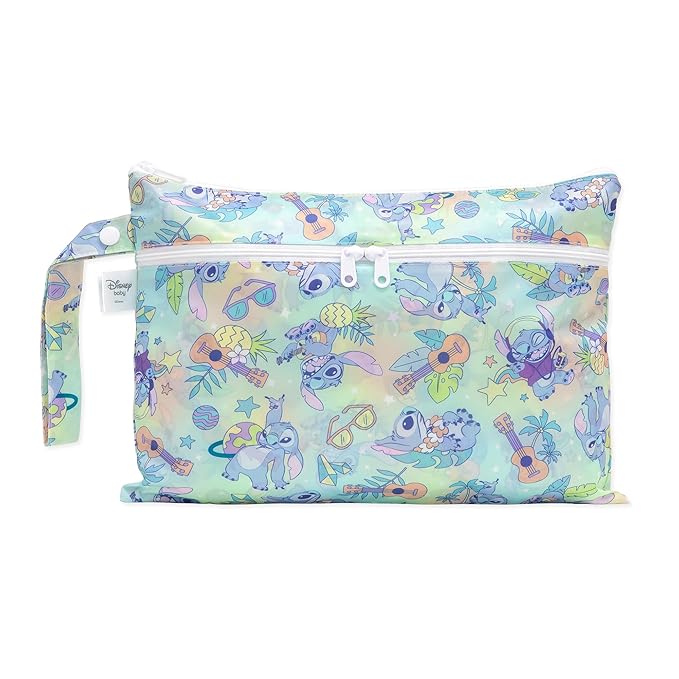 Bumkins Disney Waterproof Wet Dry Clutch Bag for Baby, Travel, Swim Suit, Cloth Diapers, Pump Parts, Pool, Gym Clothes, Toiletry, Strap to Stroller, Daycare, Zip Reusable Bag, Packing Pouch, Stitch
