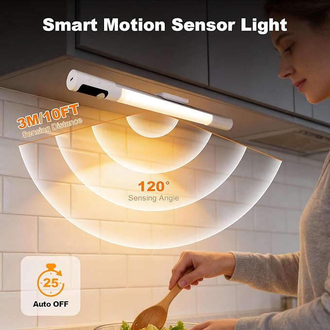 15.2" 2 Pack Motion Sensor Under Cabinet Lighting with Digital Display, 4 Brightness & 3 Color Temperatures, Rechargeable Led Under Cabinet Lights for Closet Cabinet Bedroom Hallway