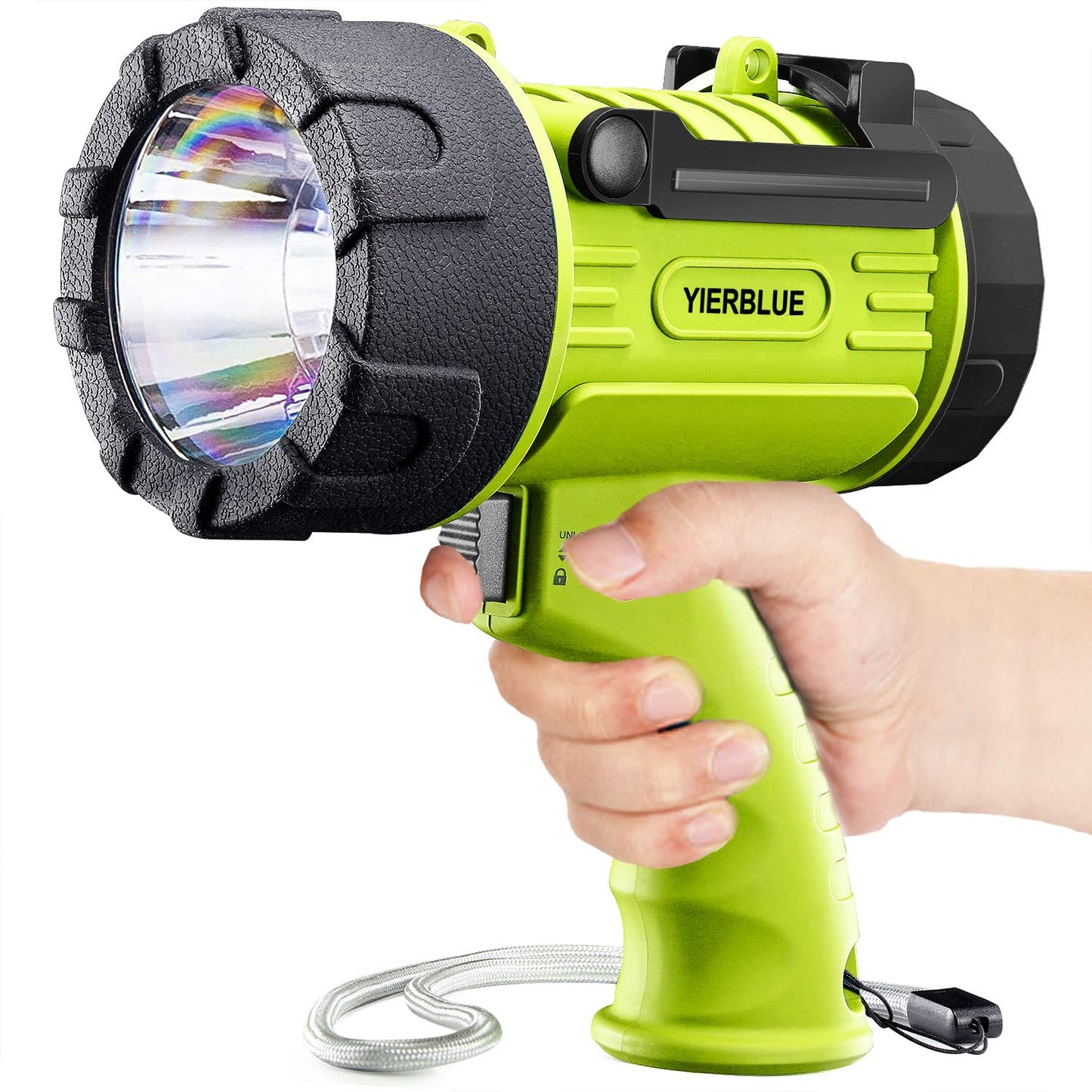 YIERBLUE Rechargeable Spotlight Flashlight with 2000,000 High Lumen LED, IP67 Waterproof Long Running Spot Light searchlight, Impact Resistant Handheld Spotlight with Foldable Stand and Red Lens