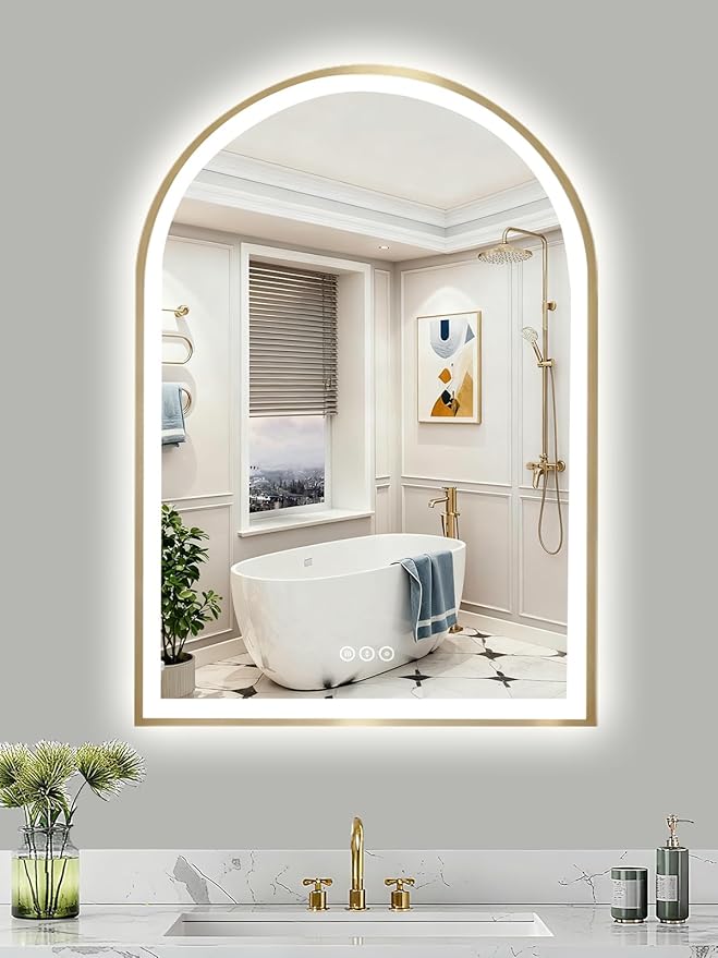 Gold Arch Mirror with Lights, 24x36 Inch Led Mirror for Bathroom, Wall-Mounted Mirror with Anti-Fog, Memory Function, 3 Color Temperature, Dimmable Led Bathroom Mirror