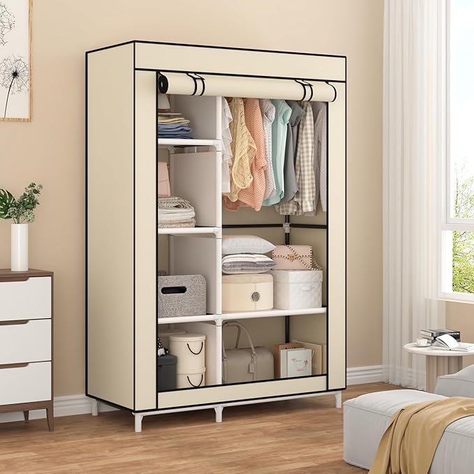 Calmootey Portable Closet Organizers, Clothing Storage, Wardrobe with 6 Shelves and Hanging Rod, Non-Woven Fabric Cover with 4 Side Pockets, Beige