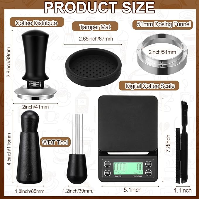 5 Pcs 51mm Espresso Accessories Kit, 3kg/0.1g Accurate Coffee Scale with Timer, Coffee Distributor Spring Loaded Calibrated Tamper WDT Tool and Dosing Funnel Set Fits 51mm Espresso Machines
