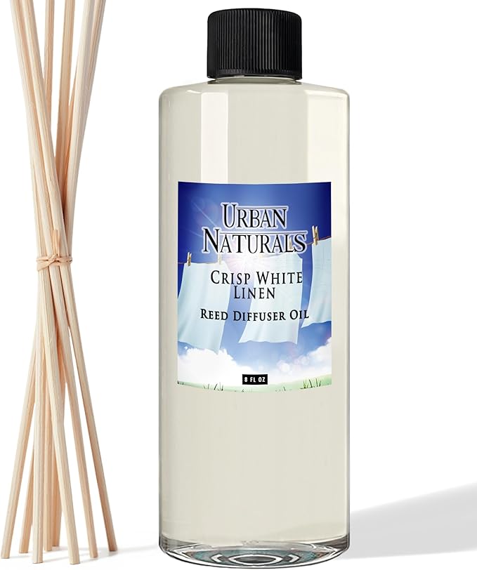Urban Naturals Reed Diffuser Oil Refill Crisp White Linen with Fresh Linen, Clean Breeze, Soft Cotton 8 oz + Free Reed Sticks, Made in the USA