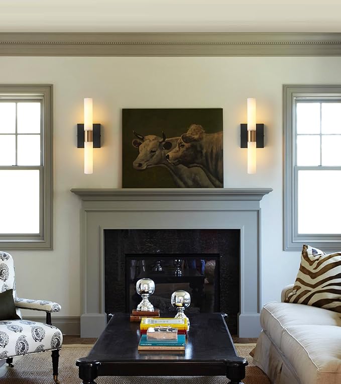 Wall Sconces Set of Two Black and Brass Wall Lights with White Frosted Glass Shade Modern Wall Lamp for Bathroom Living Room Indoor Vanity Up and Down Sconces Wall Lighting for Hallway