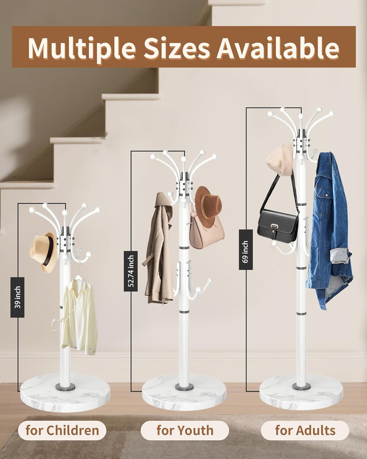 EZIVIEZ Modern Coat Rack Stand, 360° Rotary Metal Freestanding Coat Rack with Natural Marble Base, White Coat Racks and Coat Hanger Tree Jacket Stand with 14 Hooks for Office, Entryway, Hallway
