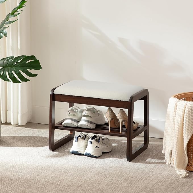 Small Shoe Rack Bench,2 Tier Solid Wooden Entryway Bench with Shoe Storage, Shoe Rack with Cushion for Living Room, Hallway(CreamWhite, 21.6")