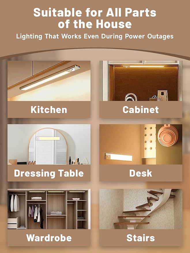 Intelligent Motion Sensor Light Strip, Punch-Free Smart Sensor Magnetic Rechargeable LED Lights Kit, Under Cabinet Night Light for Closet, Kitchen, 3 Dimmable Brightness & Color (2 Pack)