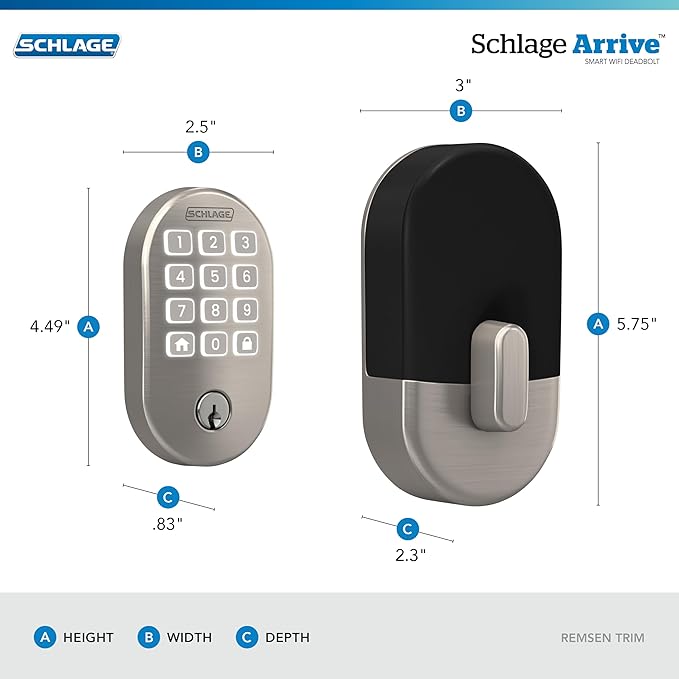 Schlage Arrive WiFi Deadbolt Smart Lock, Keyless Entry Door Lock with Remsen Trim, Satin Nickel, Compatible with Alexa and Google, BE459WB RMN 619