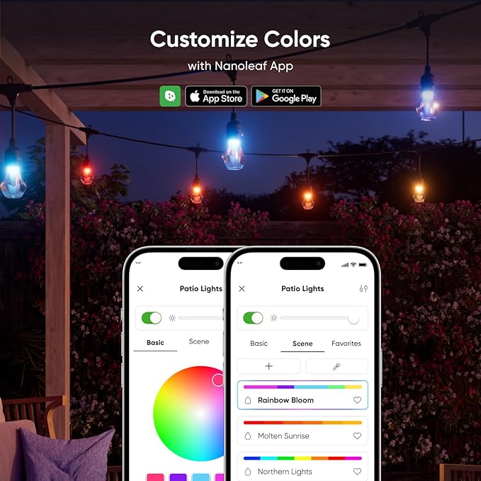 Nanoleaf Essentials Matter Smart Multicolor Outdoor String Lights Smarter Kit with Addressable RGBICW LED Bulbs, White and Color-Changing, Wi-Fi + Bluetooth, IP 65 Water Resistant (49ft, 20 Bulbs)