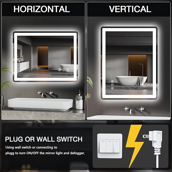 24x36 LED Bathroom Mirror with Lights, Rounded Rectangle Mirror with Double Lights, Backlit + Front Lit, Anti-Fog LED Mirror for Bathroom, Dimmable Lighted Bathroom Mirror(Horizontal/Vertical)