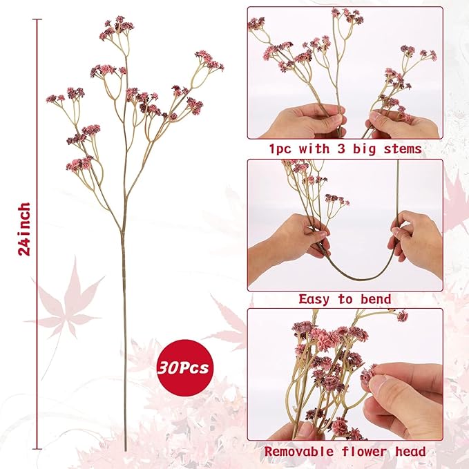 Baby Breath Flowers Fall Flowers Artificial Bulk, 30Pcs Fall Decor Fake Gypsophila Plants Bouquets Flowers Real Touch Faux Babies Breath Arrangement for Home Autumn Wedding Party Vase Decoration Pink