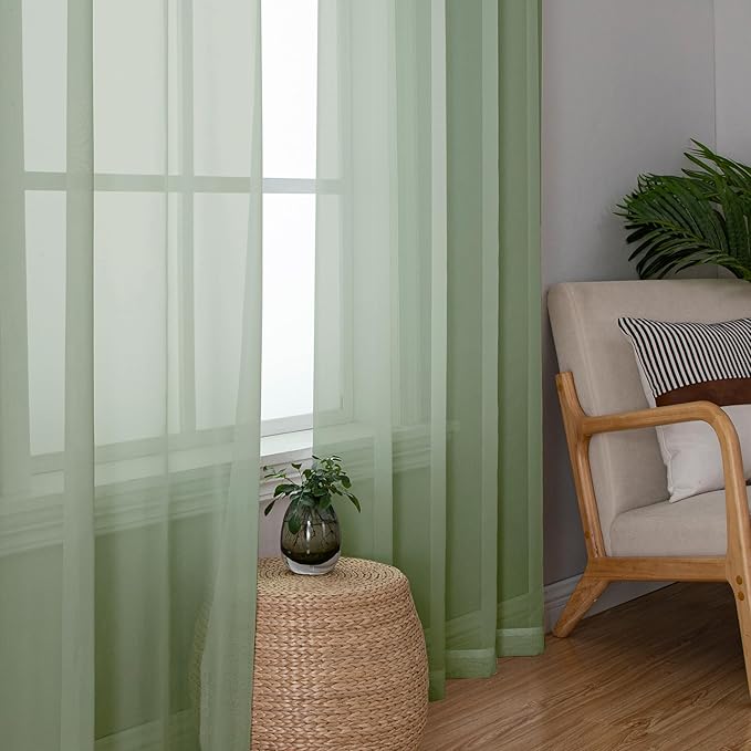 Aiyufeng Sage Green Sheer Curtains 63 inch Length 2 Panels Set for Farmhouse Kitchen Room, Elegant Light Filtering Voile Window Treatments, Each is 40W x 63L Inches