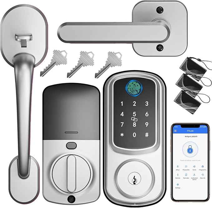 Keyless Entry Door Lock with Handle Set, Keyless Entry Deadbolt with Handle Set, Smart Locks for Front Door Alexa Fingerprint Auto Lock,Silver