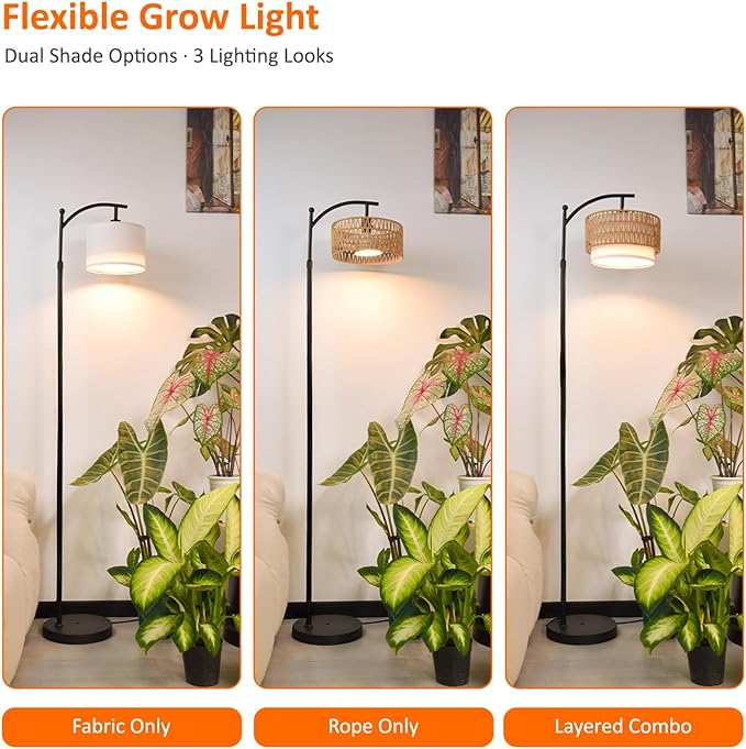 Bstrip 65-72.8 Inches Adjustable Grow Light for Indoor Plants, Boho Rattan & Fabric Shade Standing Grow Lamp, 25W 3000K Full Spectrum LED Plant Light with Auto On/Off Timer