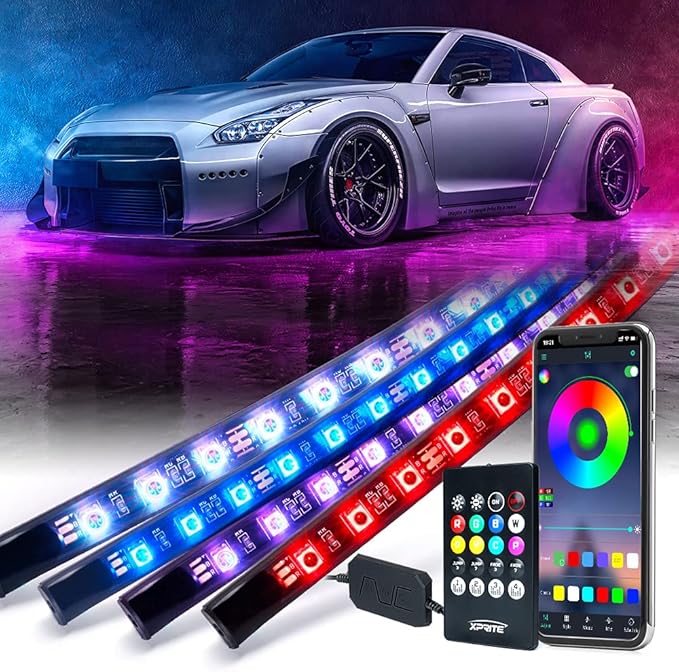 Xprite 4Pcs Underglow LED Lights for Cars, 8 Color RGB 252 LEDs Sound Active Function Music Mode Underglow Kit, Bluetooth APP & Remote Control, Waterproof Underbody Neon Strip Light for Car SUV Truck