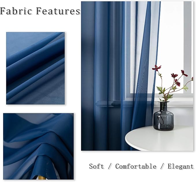 DUALIFE Navy Blue Curtains 96 Inches Long for Living Room Set of 2 Panels Grommet Window Coastal Dark Blue Sheer Curtains for Bedroom 52x96 Inch Length Indigo Blue