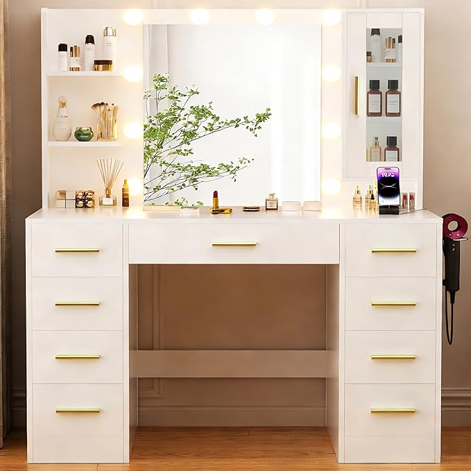 Vanity Desk with Mirror and Lights, Large 43" Makeup Vanity Desk with 9 Drawers and Power Outlet, 3 Open Shelves, White and Gold