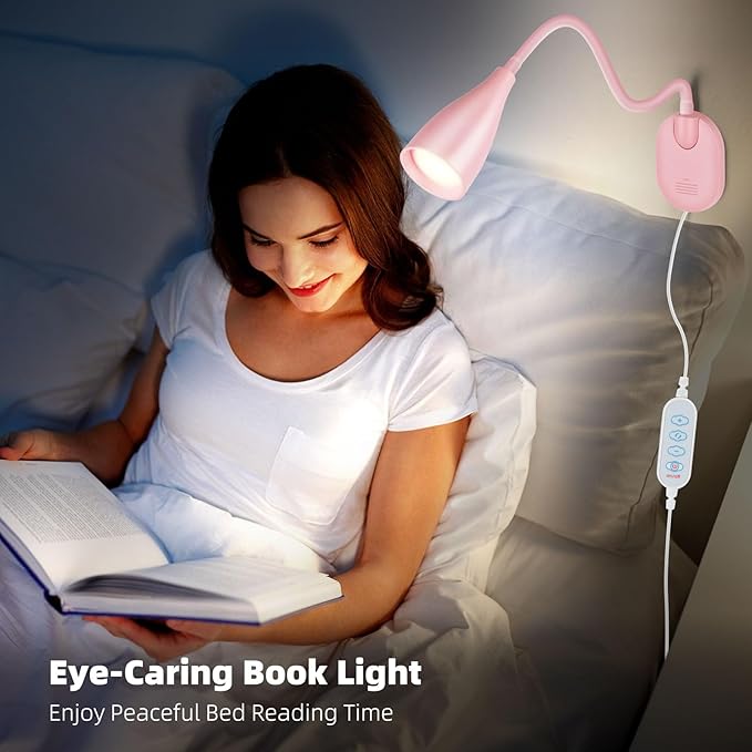 Wall-Mounted LED Bedside Reading Light with USB Charging Port, 10-Level Dimmable & Adjustable 5 Color, Plug-in Adhesive Night Lamp for Books in Bed, Eye-Caring Bedroom Lighting (Pink)