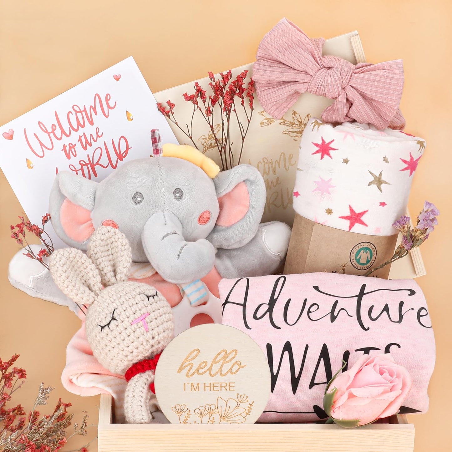 Baby Girl Gifts,Baby Shower Gifts for Girls,New Born Baby Girls Gift,Baby Girl Gift Basket,Unique Baby Gift Essential,Gender Reveal Gifts,Rattle Swaddle Blanket Baby Girl Gifts