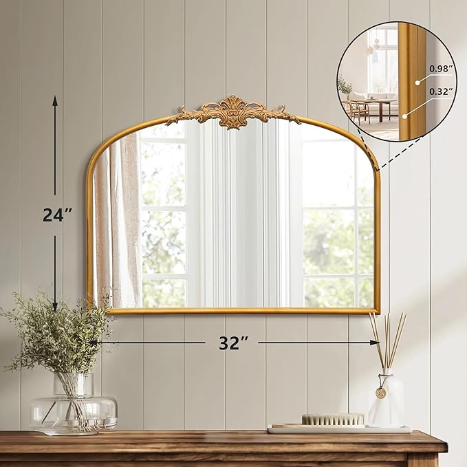 Besdomus Antique Arched Gold Mirror: 32"x24" Large Gleaming Gold Antique Wall Mounted Mirror - Baroque Traditional Ornate for Fireplace/Bathroom/Bedroom - Wall Decor for Homemakers