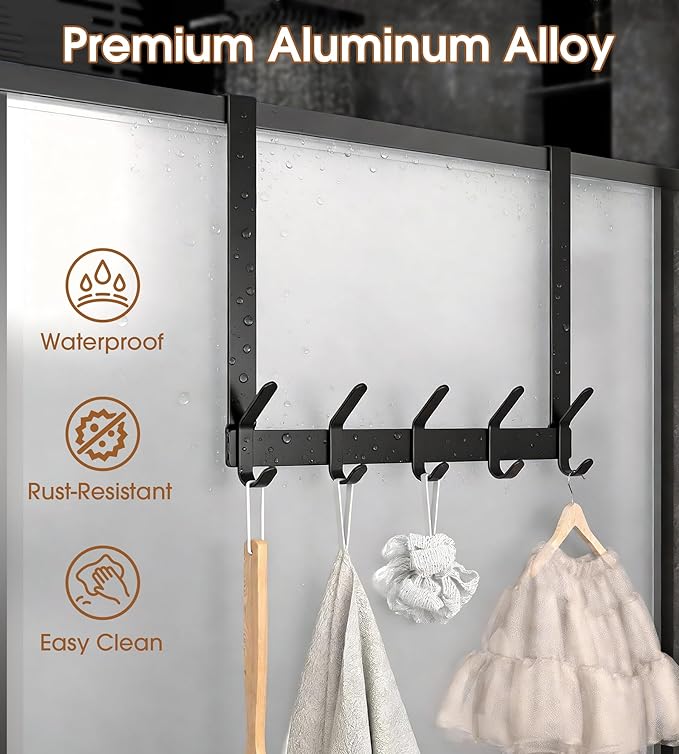 Long Over The Door Hooks Hanger with 15.75" Arms for Easier Access by Shorter, J16U, Perfectly Fits US Standard 1 3/8-inch Doors, Towel Rack Bathroom Organizer Holder, Rustproof, Black