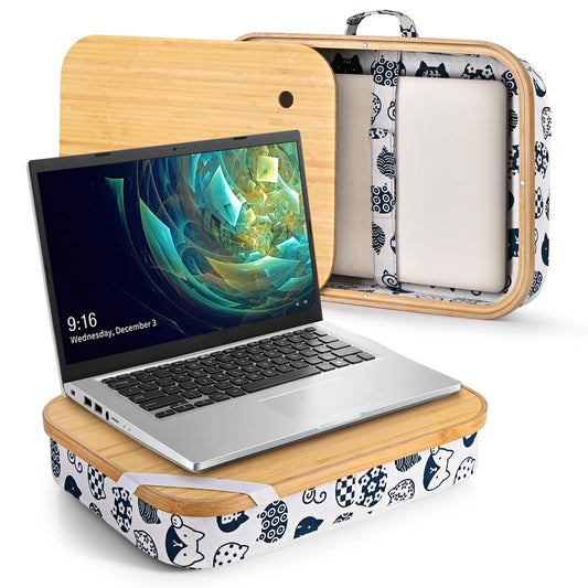 Mayjoy Bamboo Lap Desk with Storage, Cover Removable Lap Desk for Lap, Computer Laptop Stand on Lap, Work on Bed or Couch, Write or Draw on Your Lap (White Kitten)