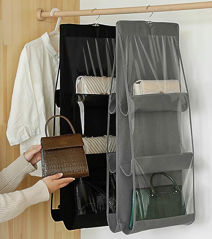 Handbag Storage Hanging Purse Organizer Bedroom Organization Dust-Proof Holder Bag for Wardrobe Closet (Grey-2Pack)