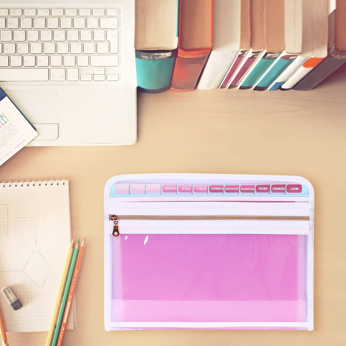 MEGREZ Expanding File Folder with 13 Pockets, A4 Paper File Folder with Zipper Color Labels, Waterproof Accordion File Folder Organizer for Home Office, Pink-Clear